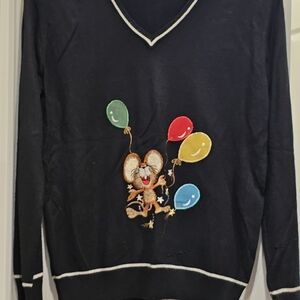 Charming Black V-Neck Sweater with Embroidered Mouse and Balloons